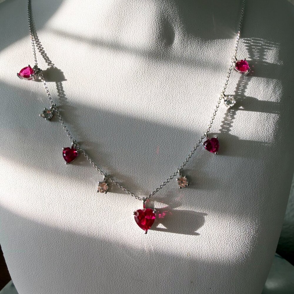 Beautiful Created Ruby & Created White Sapphire Heart Sterling Silver Necklace - Picture 12 of 15
